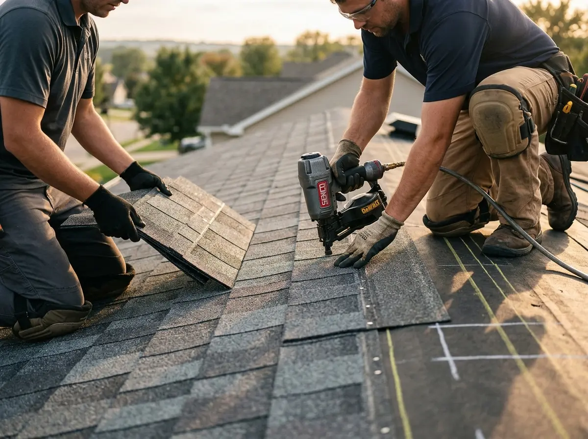 Professional roofer working on a residential roof in La Verne